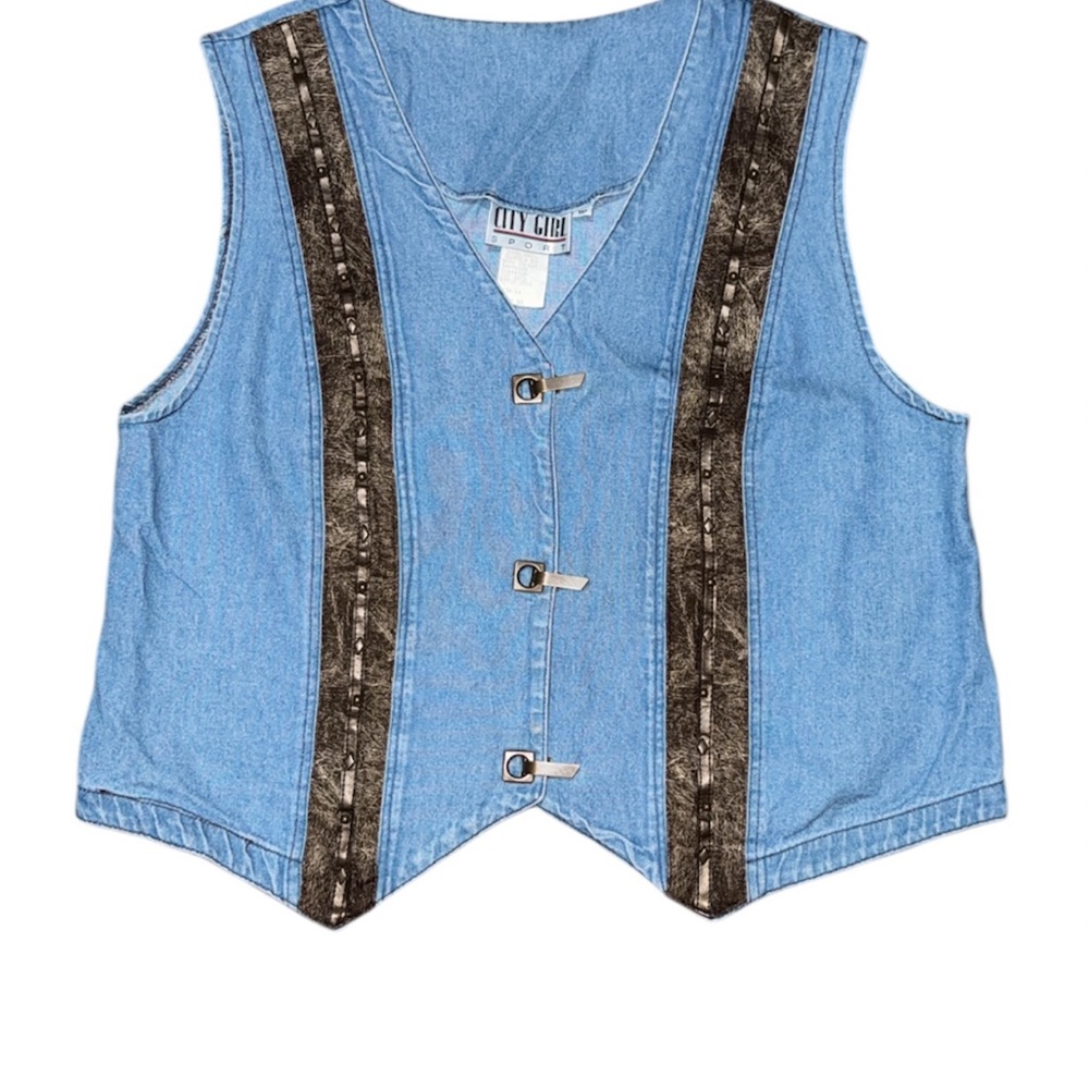 City Girl Blue Denim Vintage Vest with Brown Accents